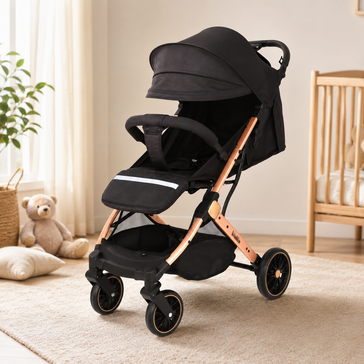 Kidilo K10G Baby Stroller – Black Foldable Portable Pram with Canopy