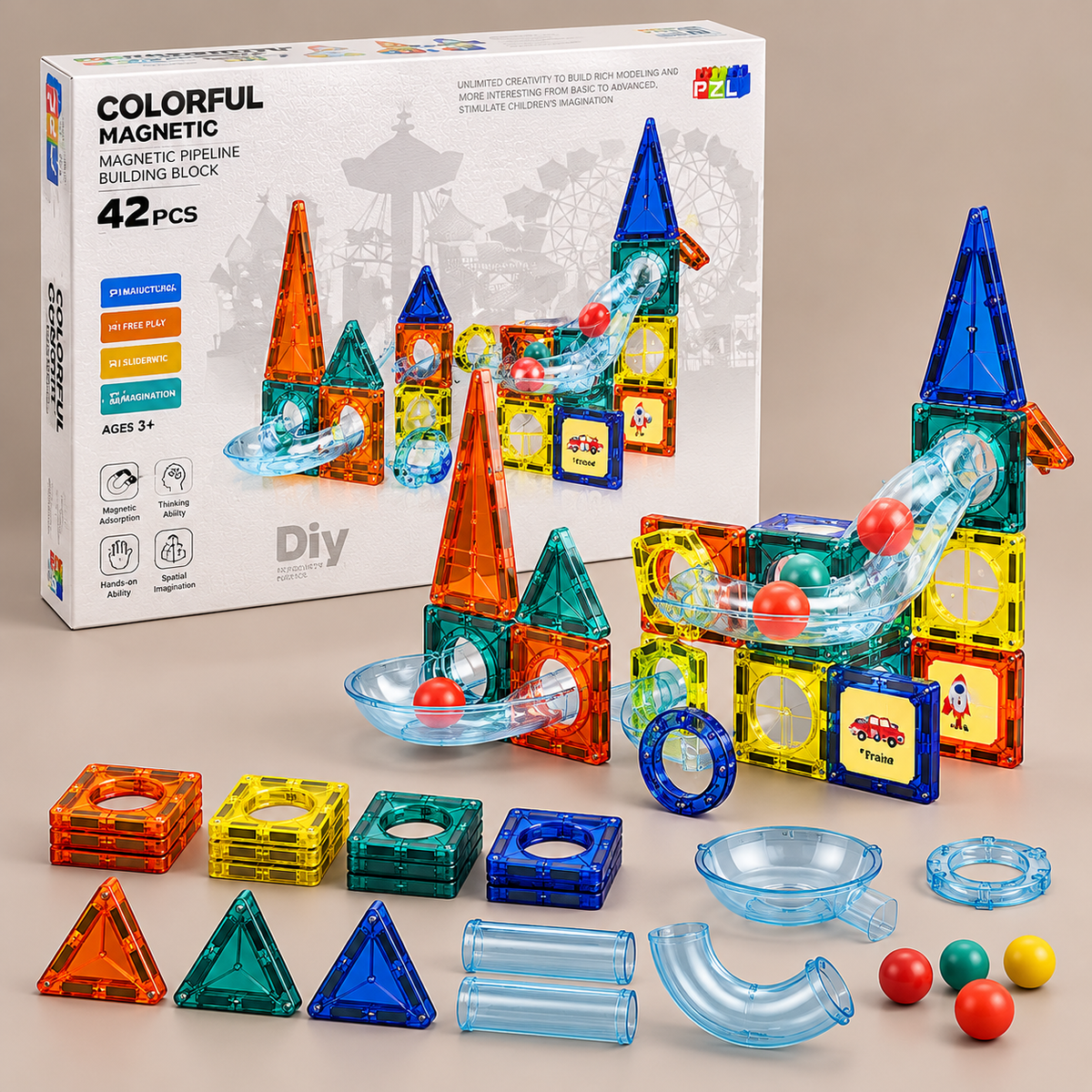 42-Piece Colourful Magnetic Tiles DIY Set