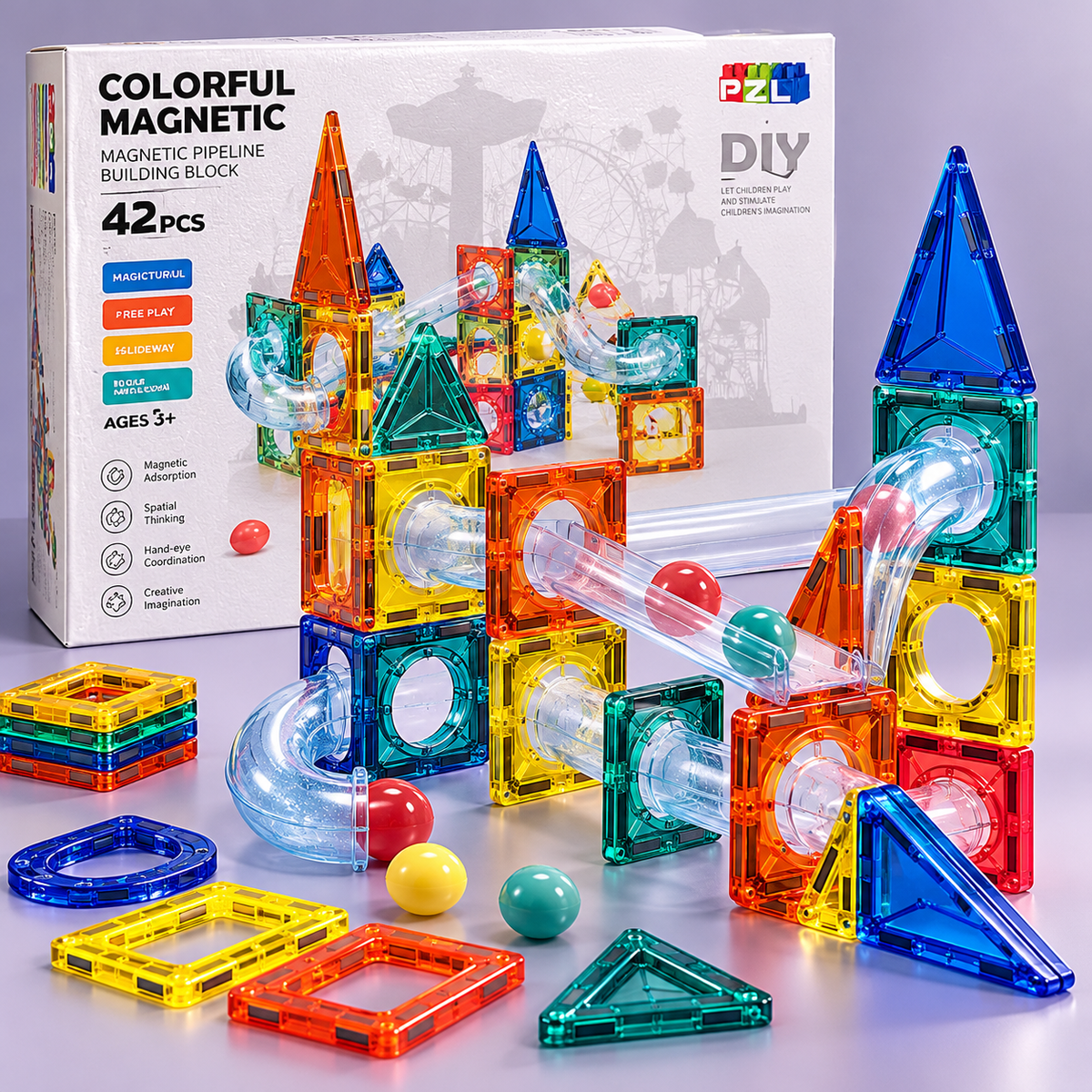 42-Piece Colourful Magnetic Tiles DIY Set
