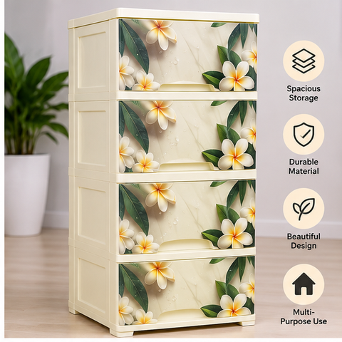 Frangipani Floral 4-Drawer Plastic Storage Cabinet – Cream