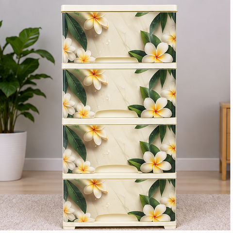 Frangipani Floral 4-Drawer Plastic Storage Cabinet – Cream