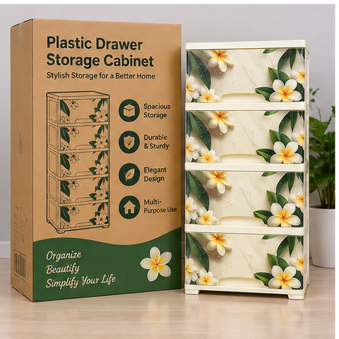 Frangipani Floral 4-Drawer Plastic Storage Cabinet – Cream