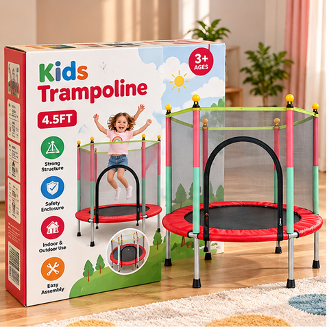 4.5 ft Kids Trampoline with Enclosure - Red and Green
