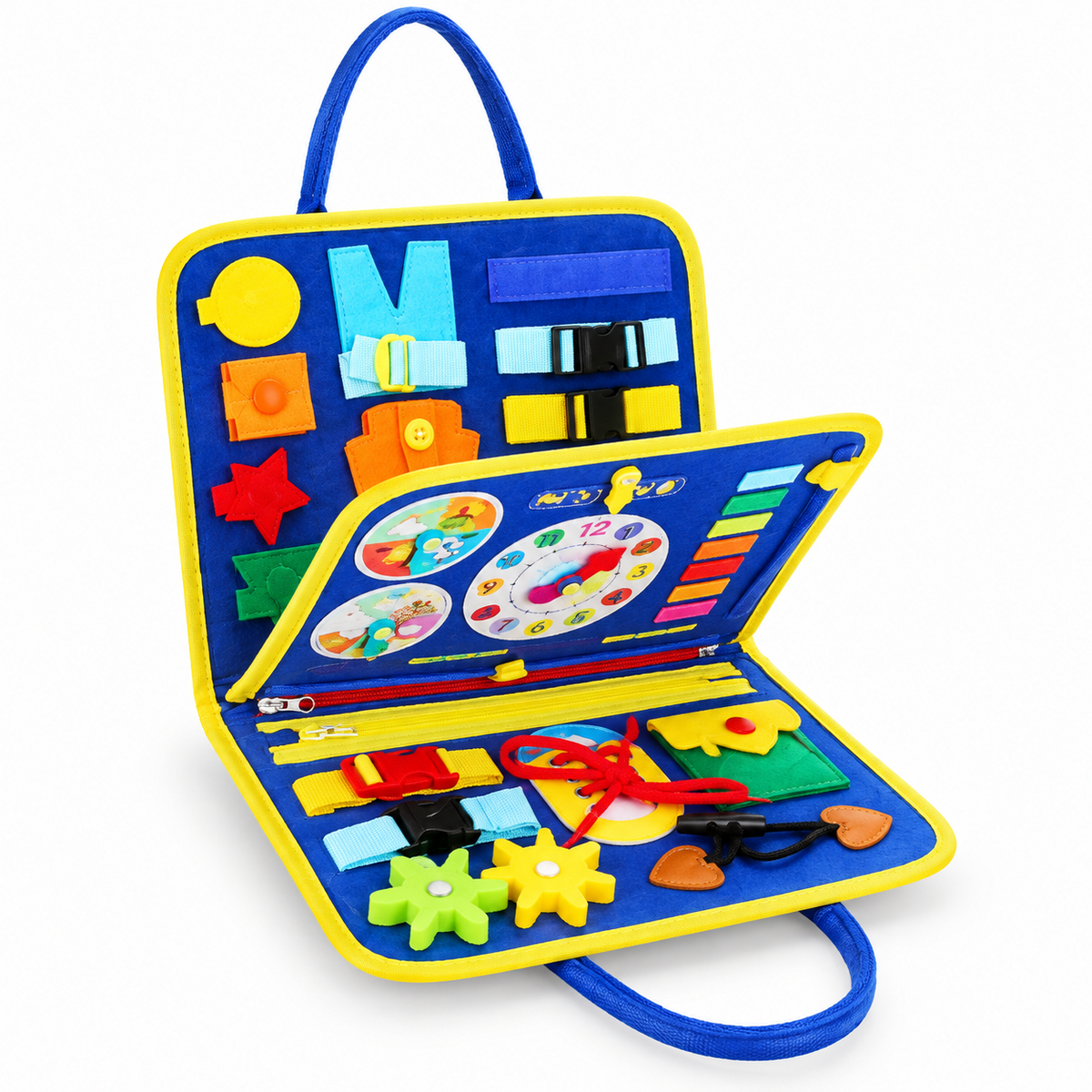 Montessori busy board activity bag for kids with buckles, laces, clock and sensory learning activities