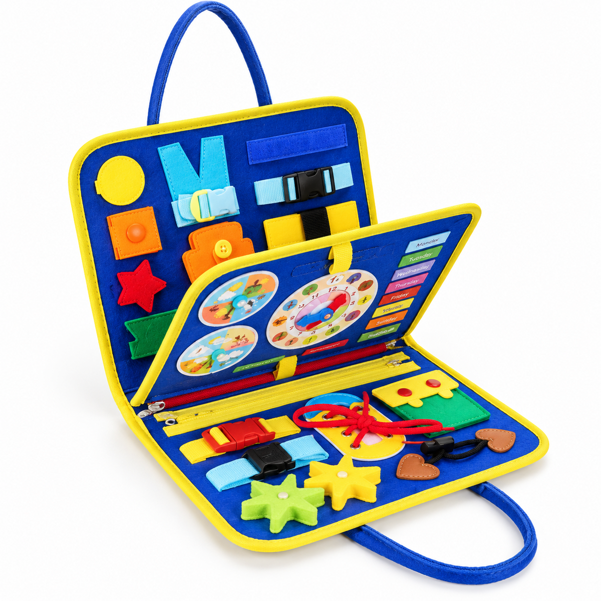 Educational sensory busy board bag for kids showing fine motor skill activities and learning pieces