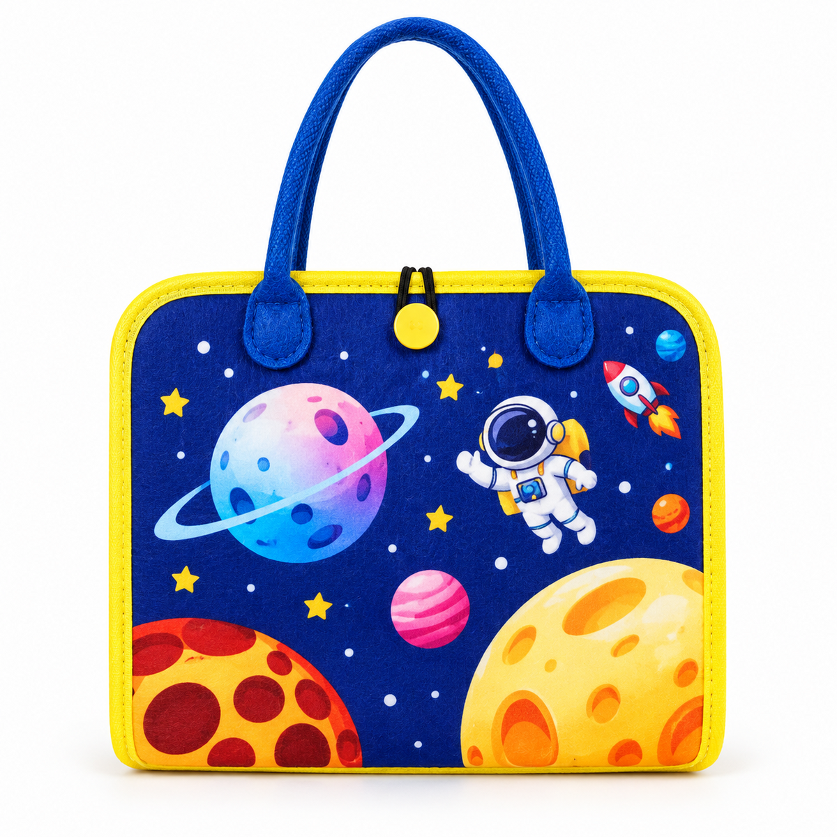 Blue space themed Montessori busy board carry bag for toddlers and preschool learning