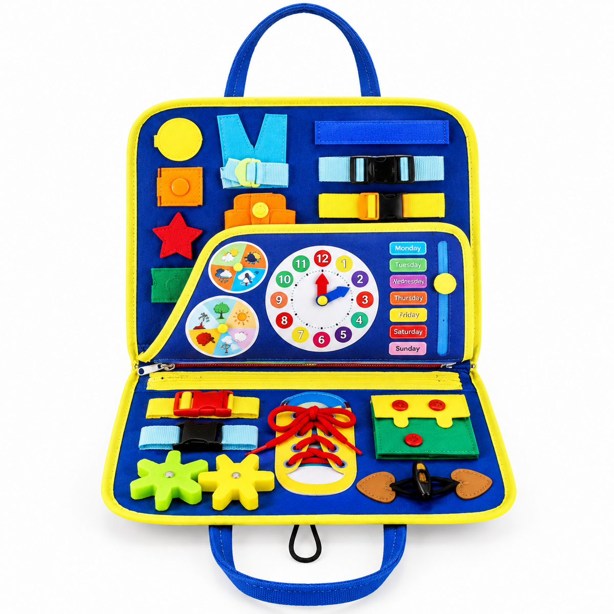 Kids Montessori busy board learning bag with clock, weekdays, buckles, buttons and shoelace activities